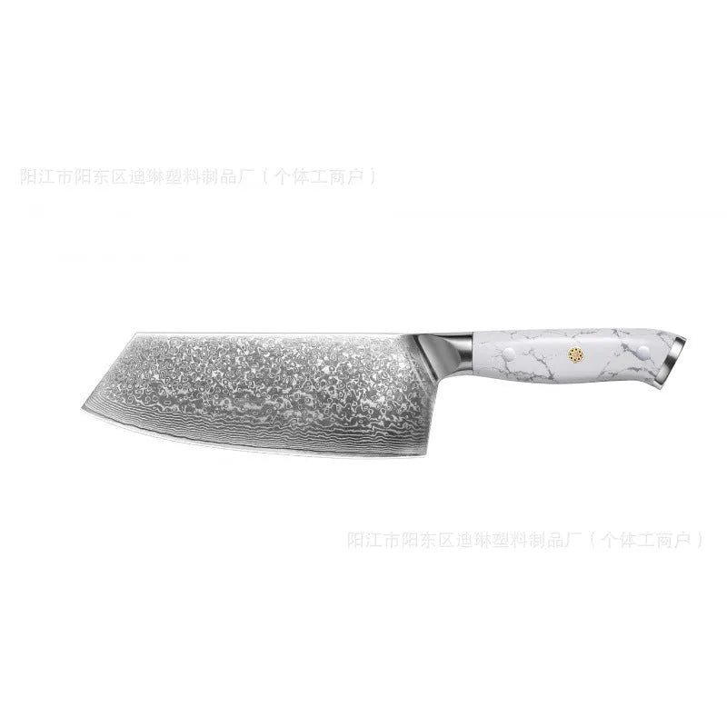 Damascus pattern chef knife with VG10 steel blade measuring 21cm, shown on a kitchen counter.