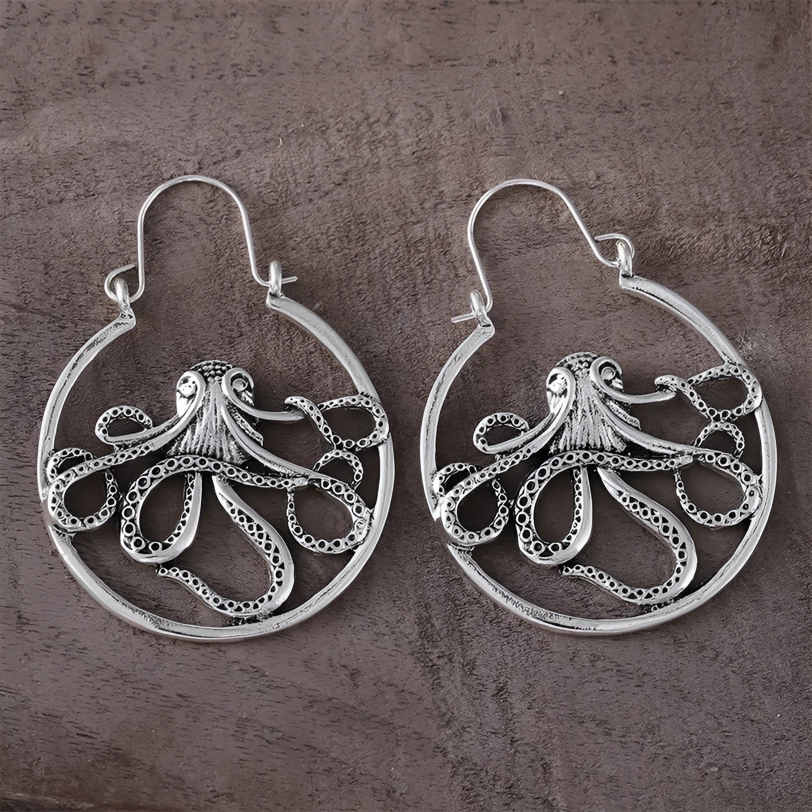 Vintage antique silver octopus earrings with zinc alloy construction and electroplated finish
