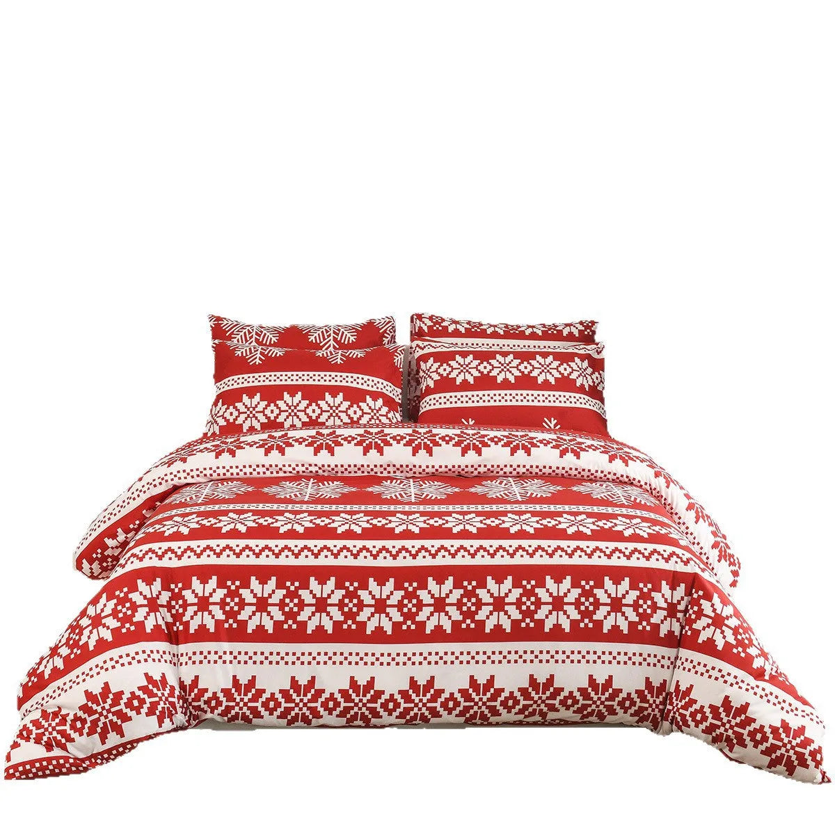 Winter Sleepers red Christmas pattern bed three-piece set with quilt cover and pillowcases on bed