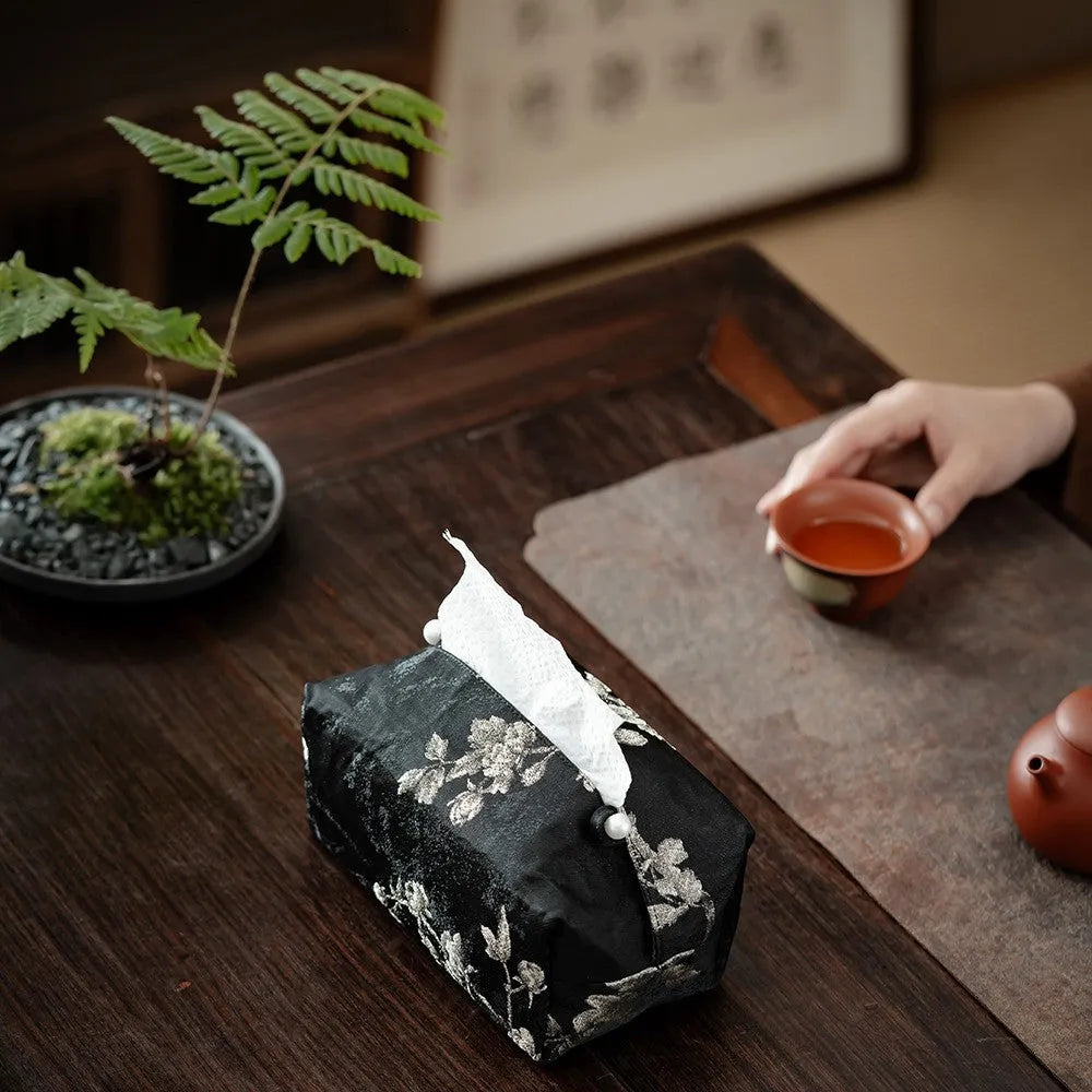 Chinese brocade tissue box cover with embroidered white plum design
