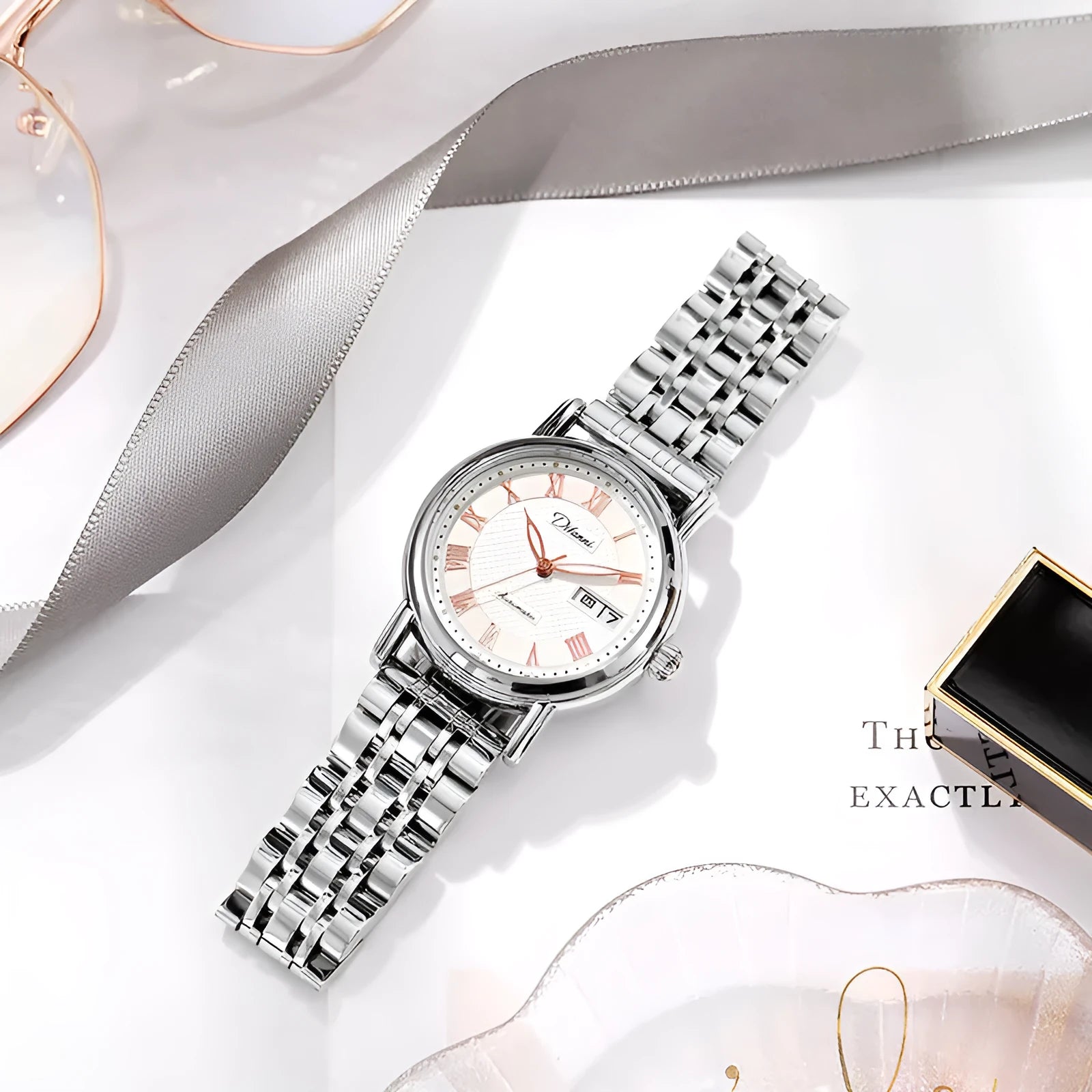 Women's automatic mechanical watch with choice of stainless steel or leather strap, 12mm thickness