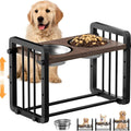 Black wooden dog bowl stand with adjustable metal bracket and non-slip grips