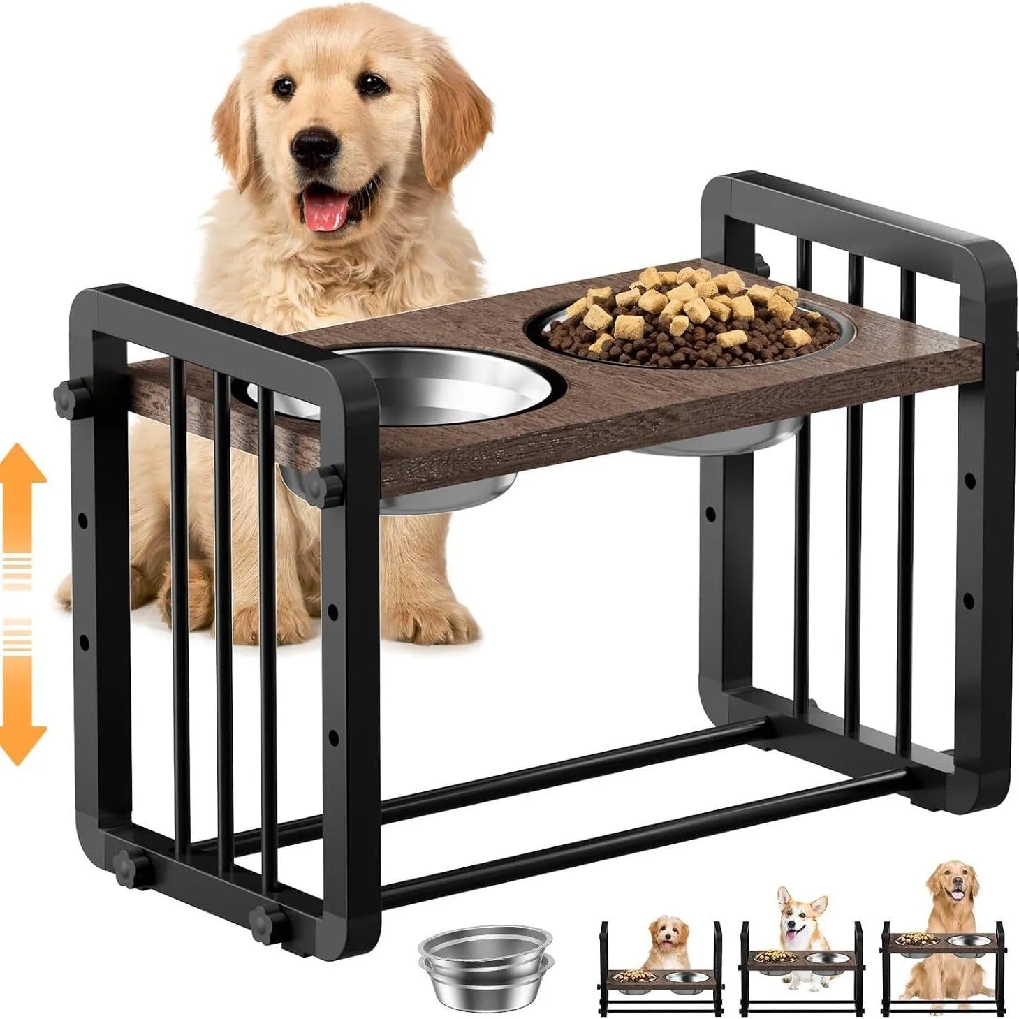 Black wooden dog bowl stand with adjustable metal bracket and non-slip grips