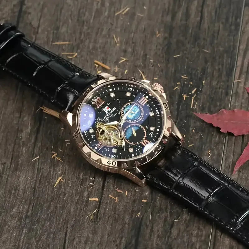 Men's black and rose gold automatic mechanical watch with genuine leather strap and transparent case back