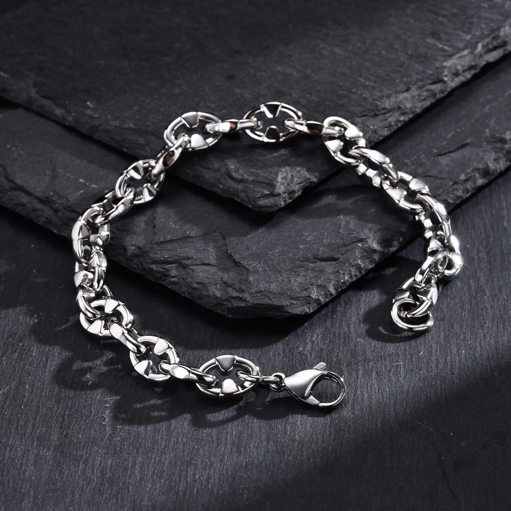 Stainless steel geometric chain bracelet with thick links, steel colour finish