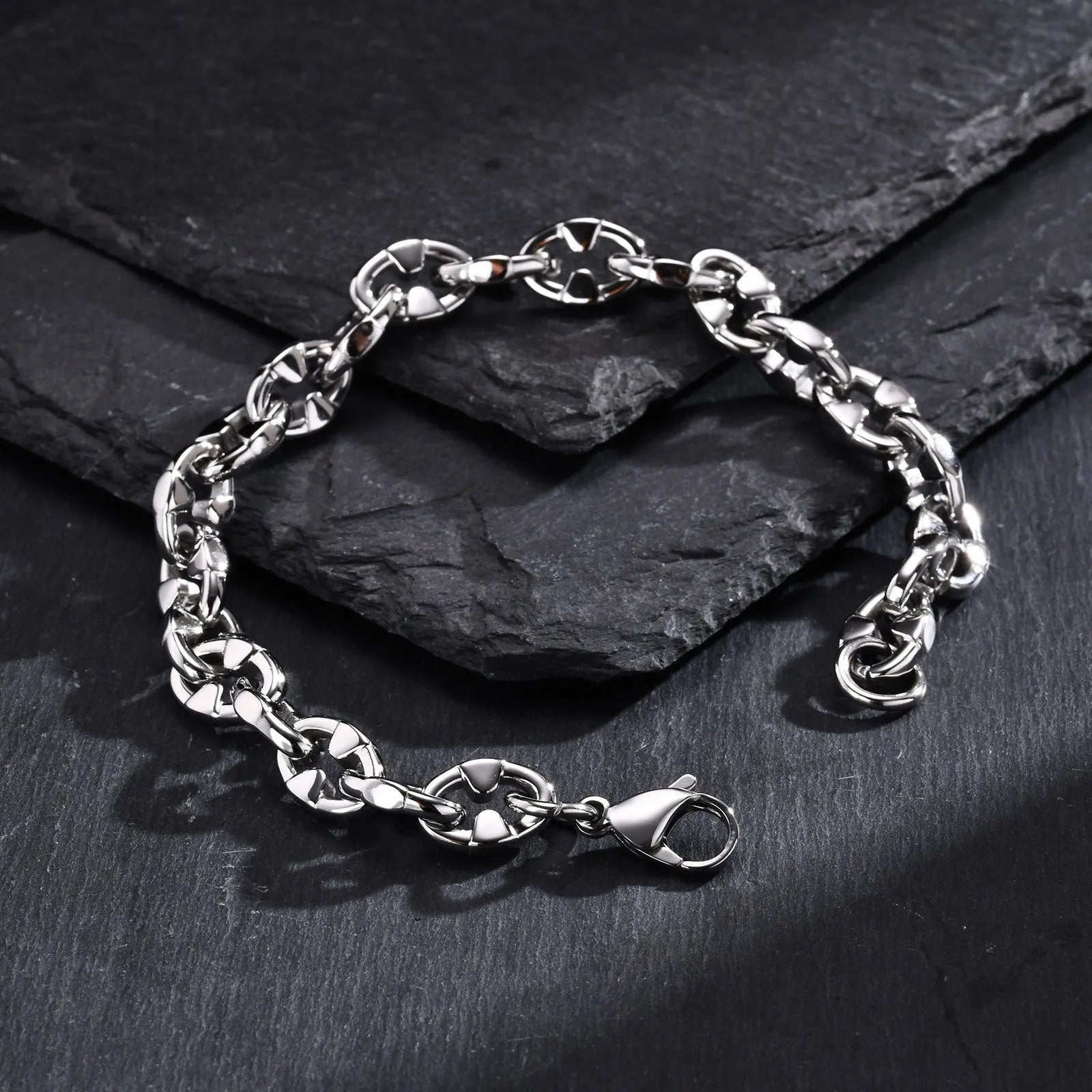 Stainless steel geometric chain bracelet with thick links, steel colour finish