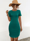 Women's solid colour slim-fit short sleeve dress with a U-neck, shown in Army Green.