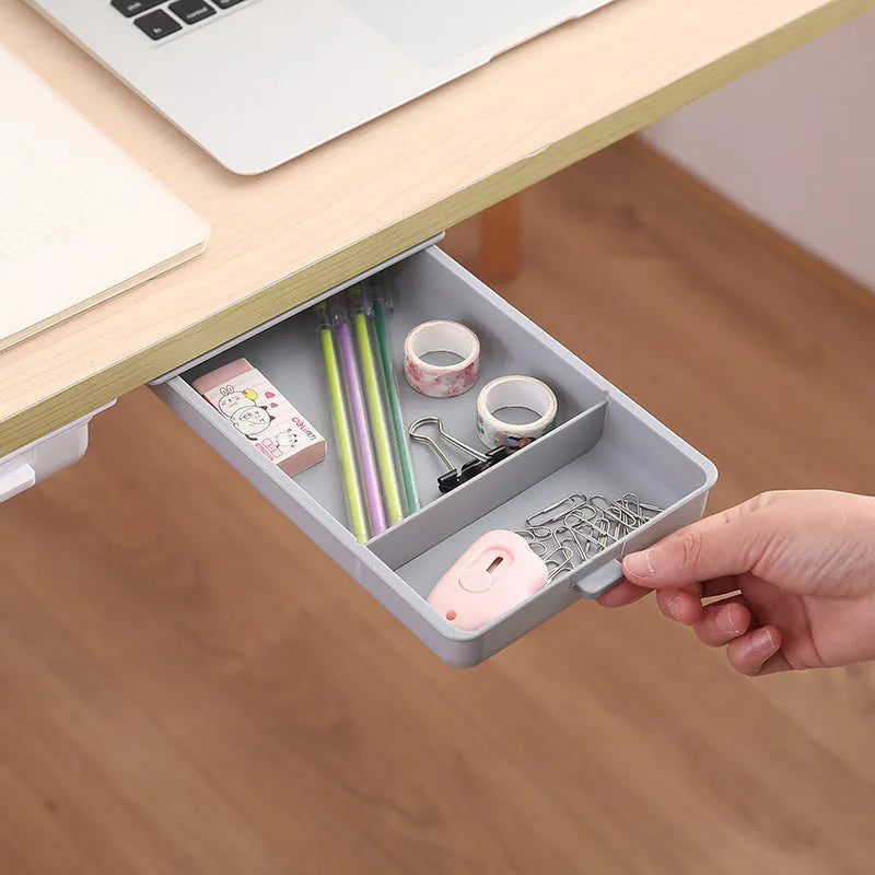 Adhesive-mounted plastic storage drawer with covered design and internal grid compartments