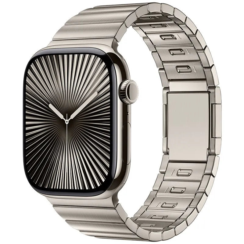 Stainless steel Apple Watch strap with magnetic buckle in business style.