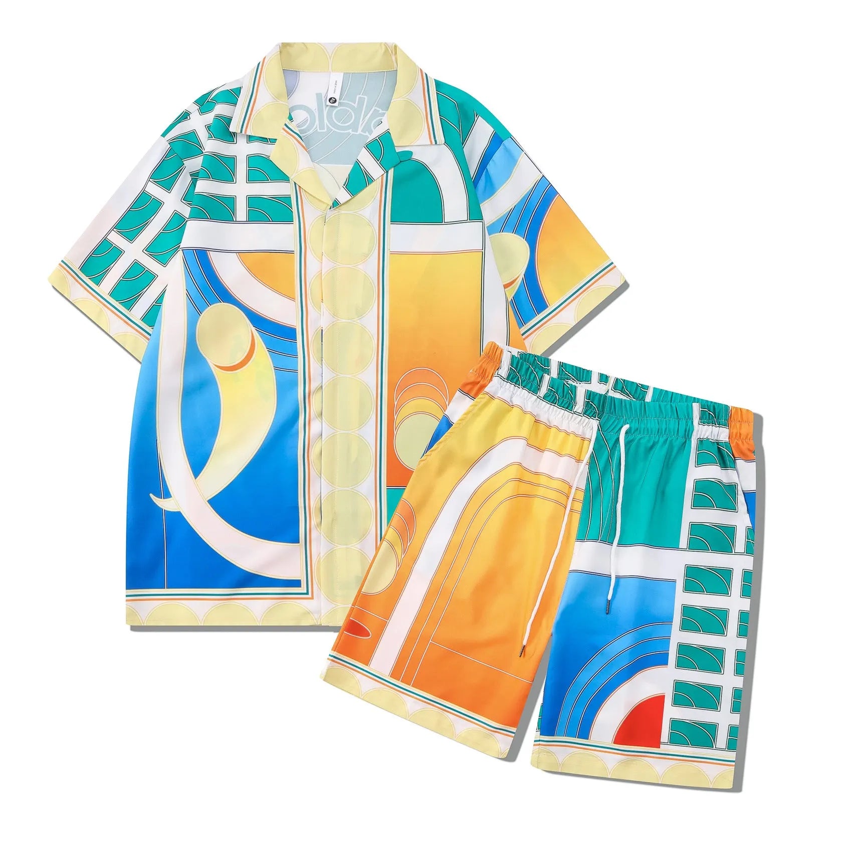 Plaid print beach shirt and trouser outfit set in European American style with short sleeves