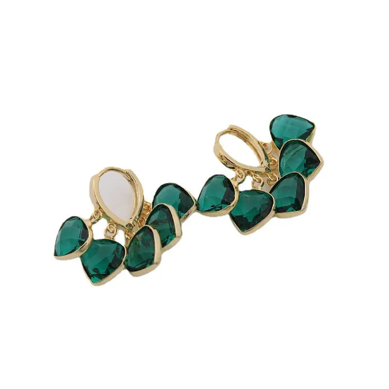 Korean style green heart pendant glass ear clips with copper construction and alloy inlay detailing