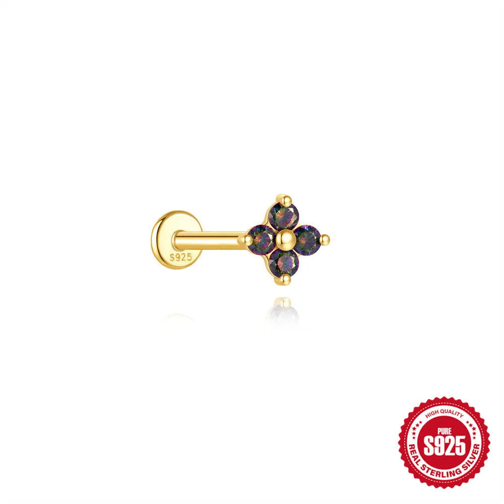 S925 sterling silver flat head thread piercing earring with rainbow stone in geometric design