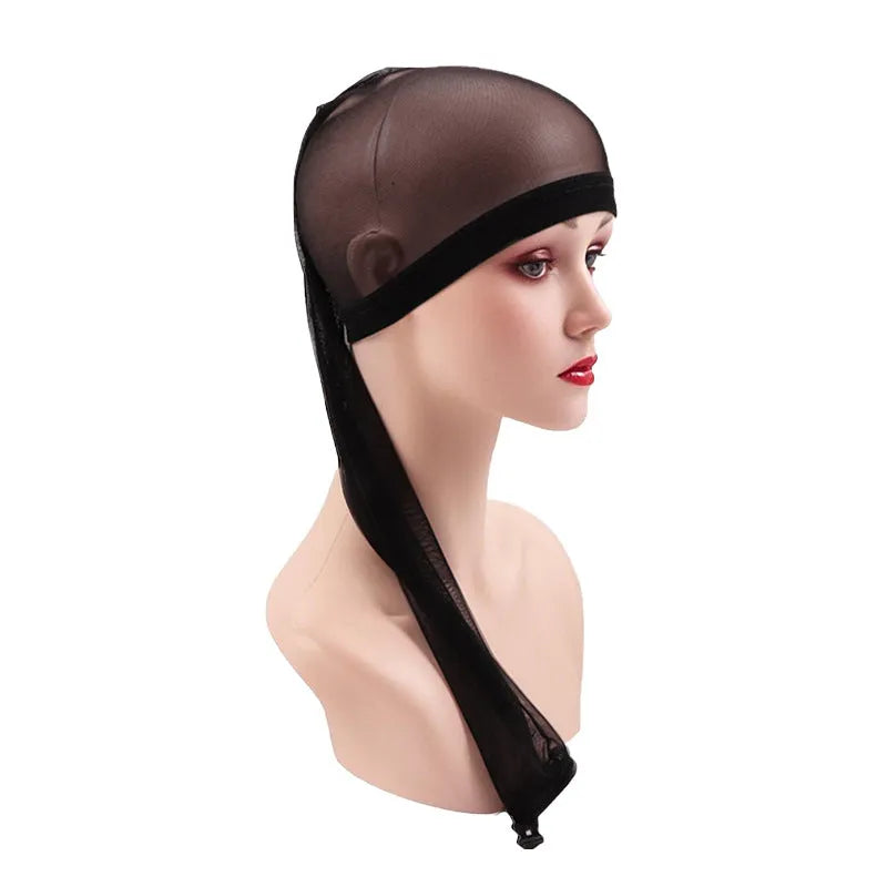 Breathable spandex mesh wig cap shown in multiple colour options including black, brown, leopard, and pastels.