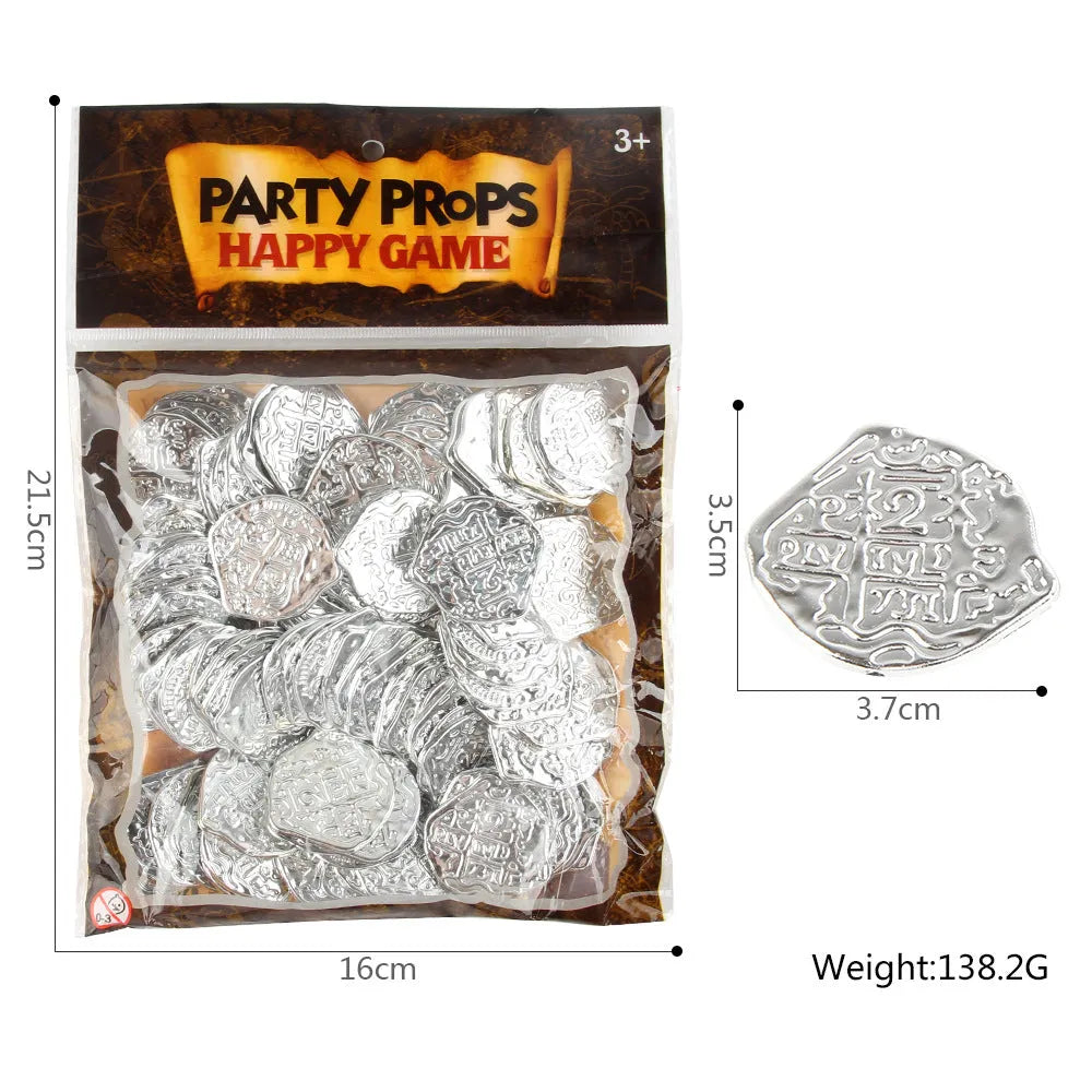 Three piles of plastic Roman coins replica in bronze, gold and silver finishes for pirate treasure decoration