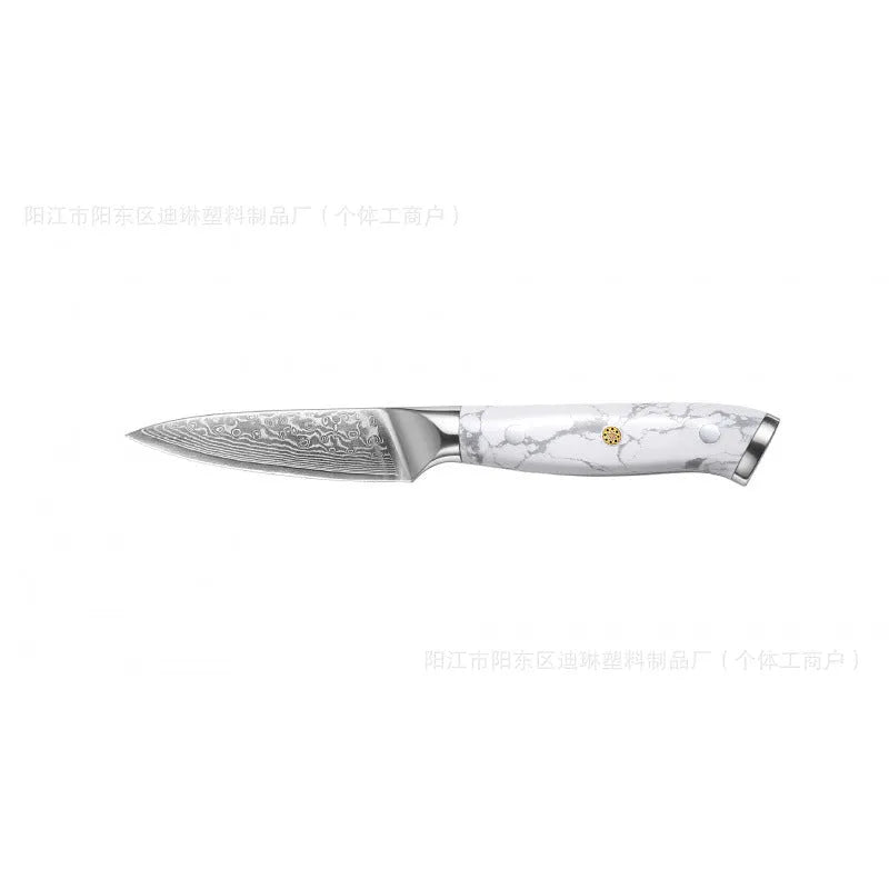 Damascus pattern chef knife with VG10 steel blade measuring 21cm, shown on a kitchen counter.