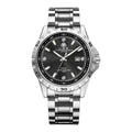 Men's silver case quartz watch with luminous hands on a grey stainless steel strap