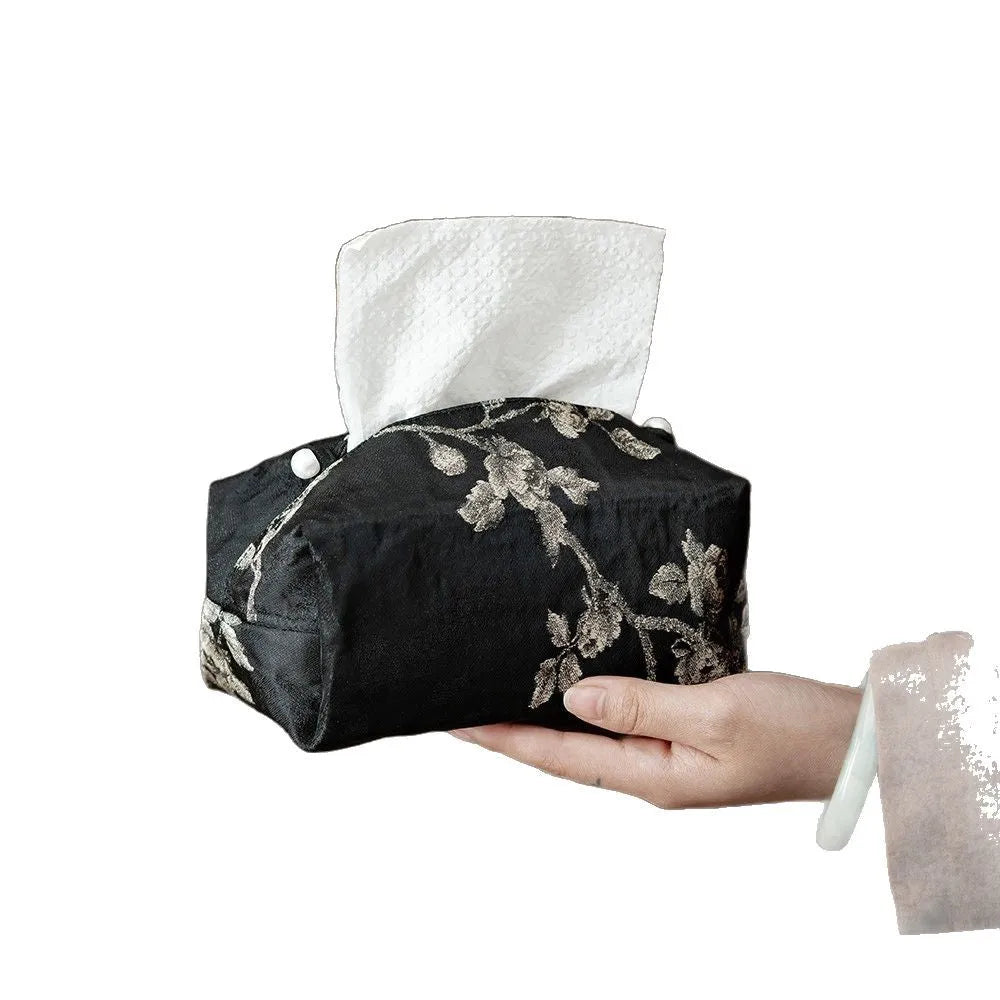 Chinese brocade tissue box cover with embroidered white plum design
