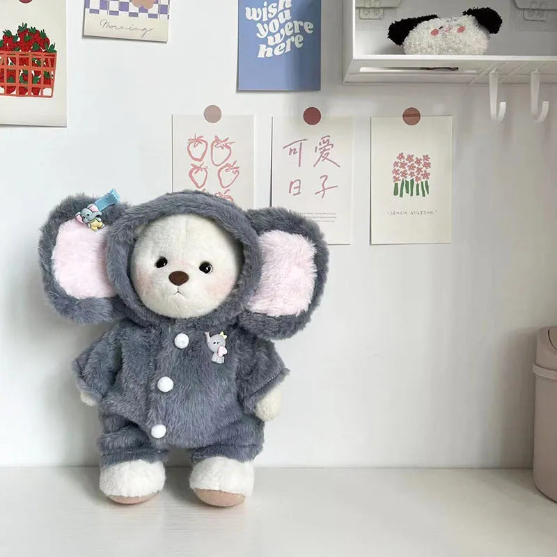Grey elephant plush jumpsuit suit for a 30cm Lina bear doll on a white background.