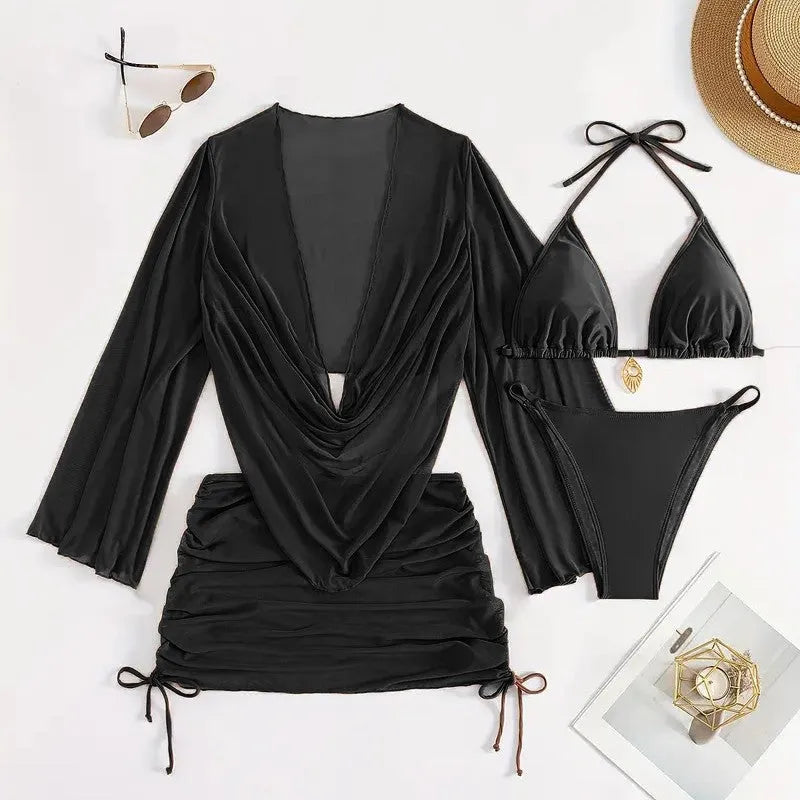 Women's dark brown lace-up front bikini swimsuit with backless design