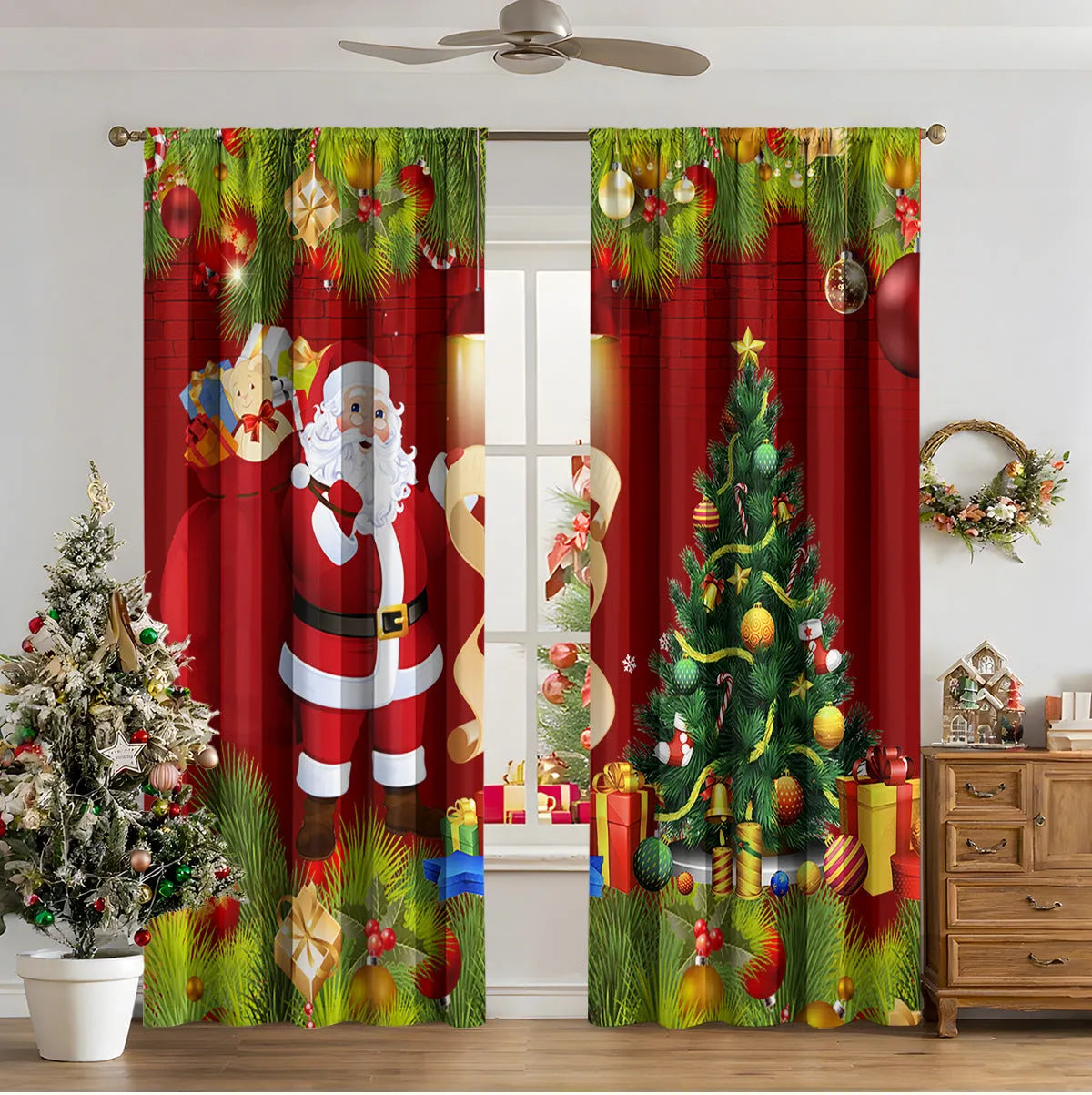 3D digital printed modern Christmas curtain hanging on a window