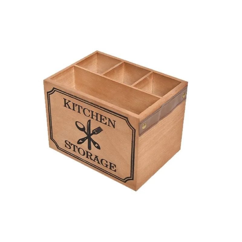 Wooden kitchen storage box with internal grid divider for organising cutlery and chopsticks