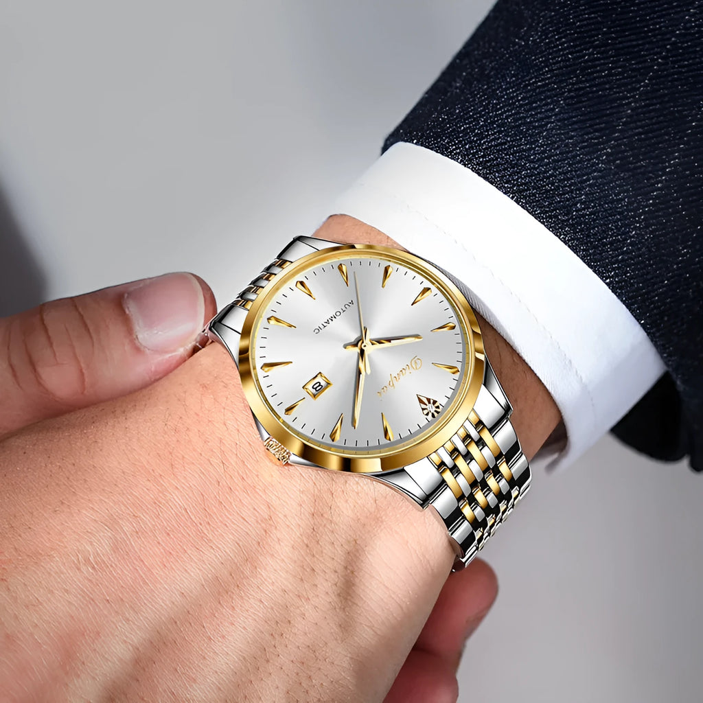 Men's stainless steel automatic watch with simple dial and mineral glass crystal