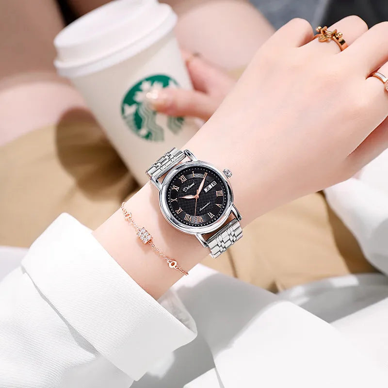 Women's automatic mechanical watch with choice of stainless steel or leather strap, 12mm thickness