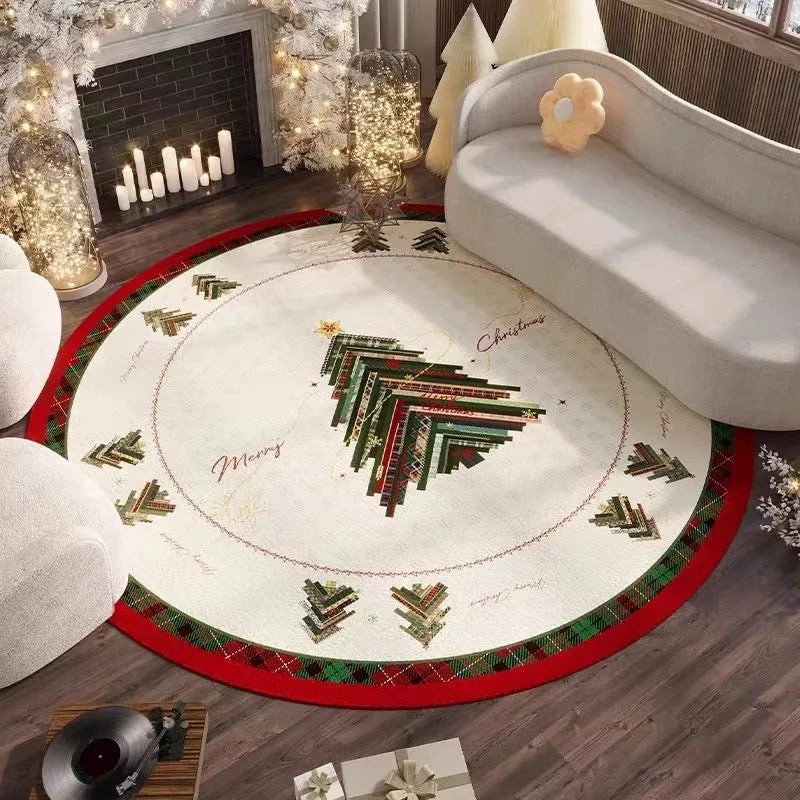 Round red Christmas floor mat with non-slip backing, shown in velvet pile texture.