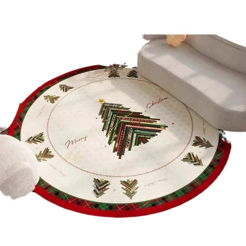 Round red Christmas floor mat with non-slip backing, shown in velvet pile texture.