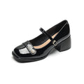 Women's patent leather ankle boots with chunky heels and buckle fastening in black colour