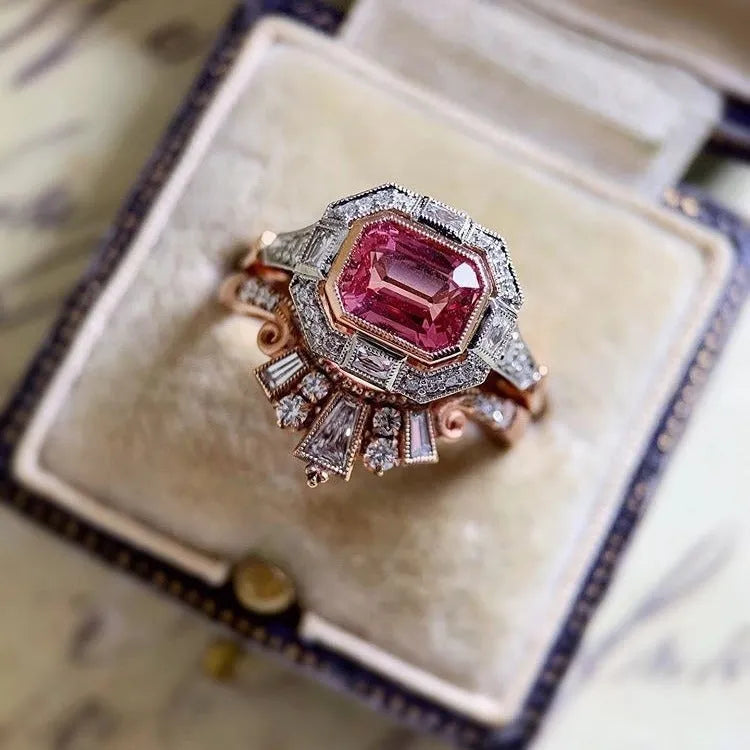 Women's geometric ruby fashion ring in rose gold colour alloy metal