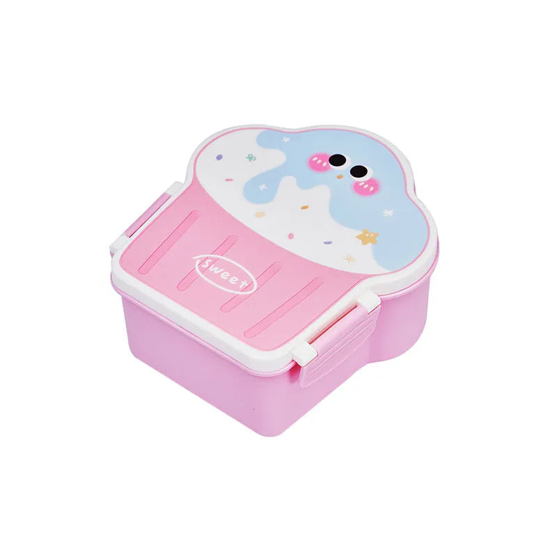 Creative ice cream shaped plastic lunch box with bento compartments in pink and blue colours with included utensils