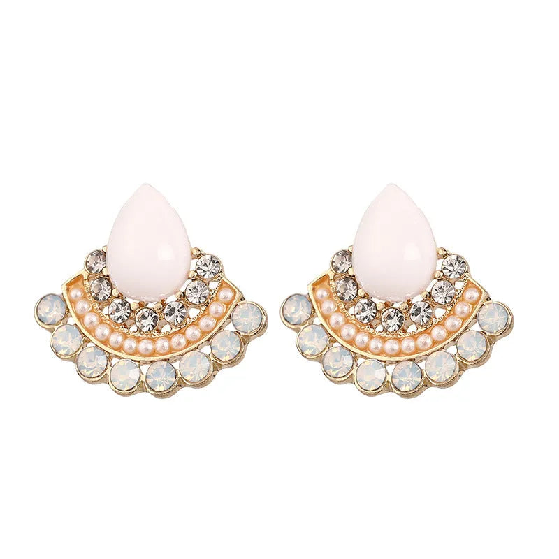 Women's retro fan-shaped rhinestone earrings with sterling silver needle and electroplated silver finish