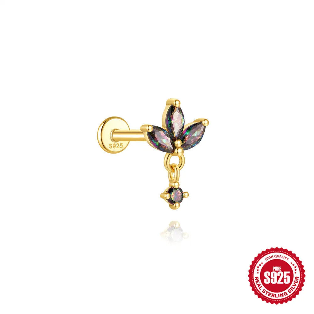 S925 sterling silver flat head thread piercing earring with rainbow stone in geometric design