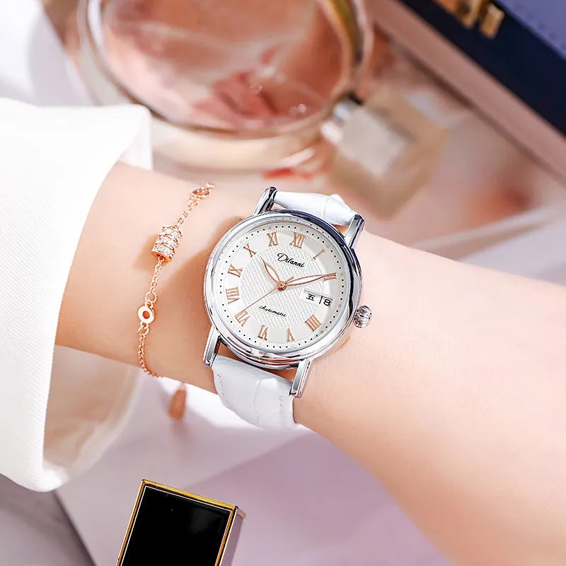 Women's automatic mechanical watch with choice of stainless steel or leather strap, 12mm thickness