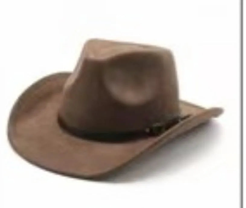 Brown leather velvet western cowboy hat with curved edge and conical crown style