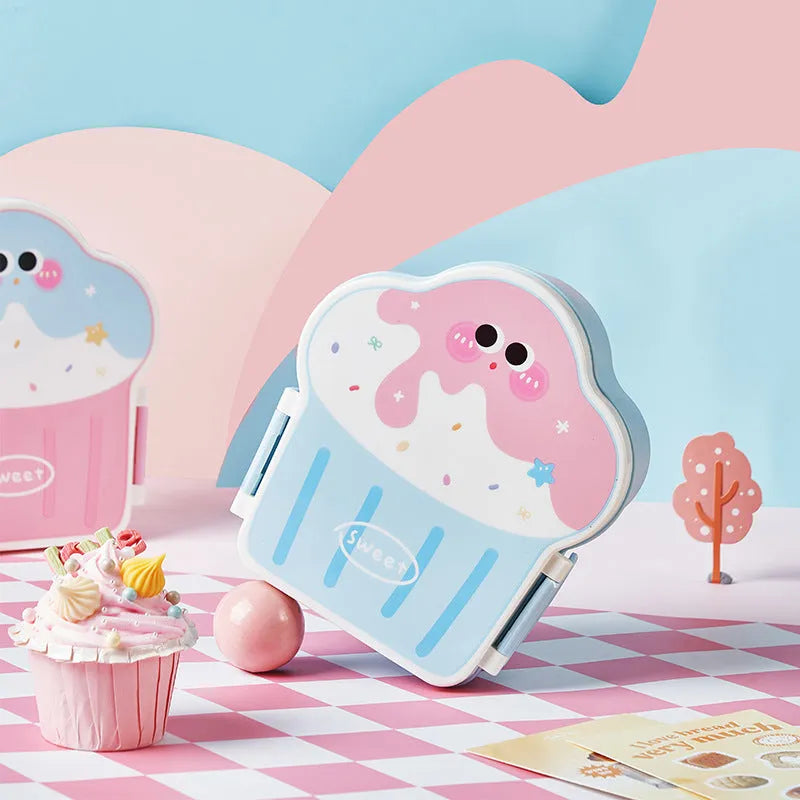 Creative ice cream shaped plastic lunch box with bento compartments in pink and blue colours with included utensils
