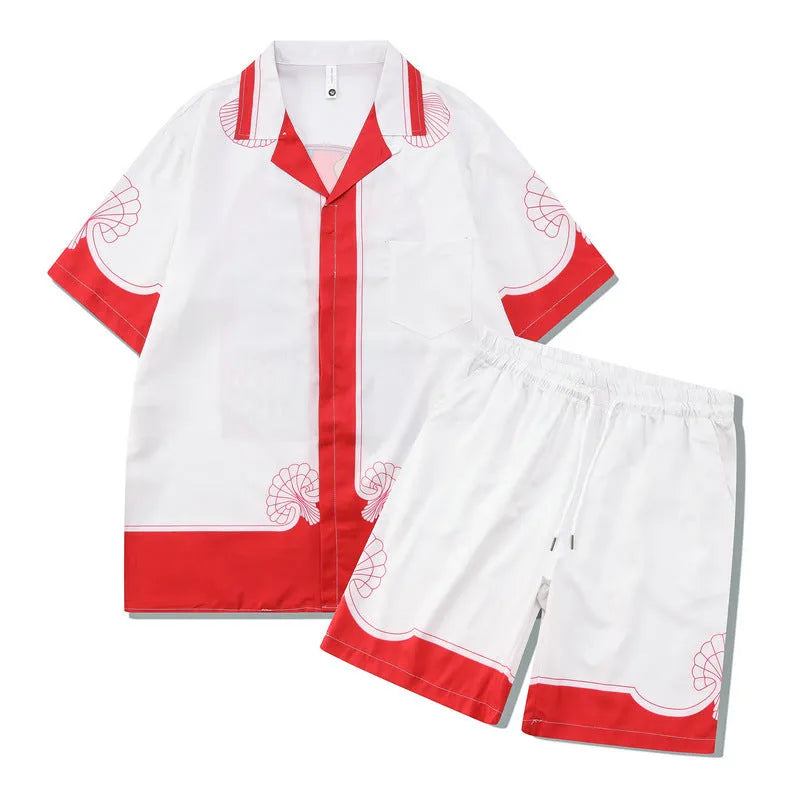 Plaid print beach shirt and trouser outfit set in European American style with short sleeves