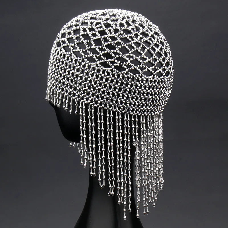 Alloy belly dance performance hat with beaded tassels in black or silver colour