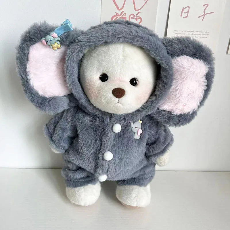 Grey elephant plush jumpsuit suit for a 30cm Lina bear doll on a white background.