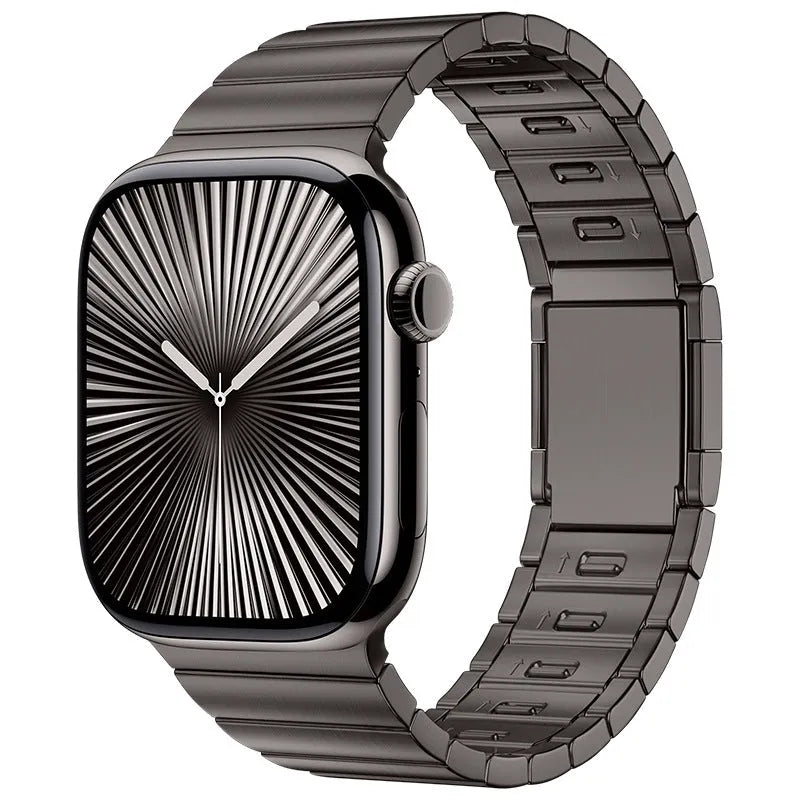 Stainless steel Apple Watch strap with magnetic buckle in business style.