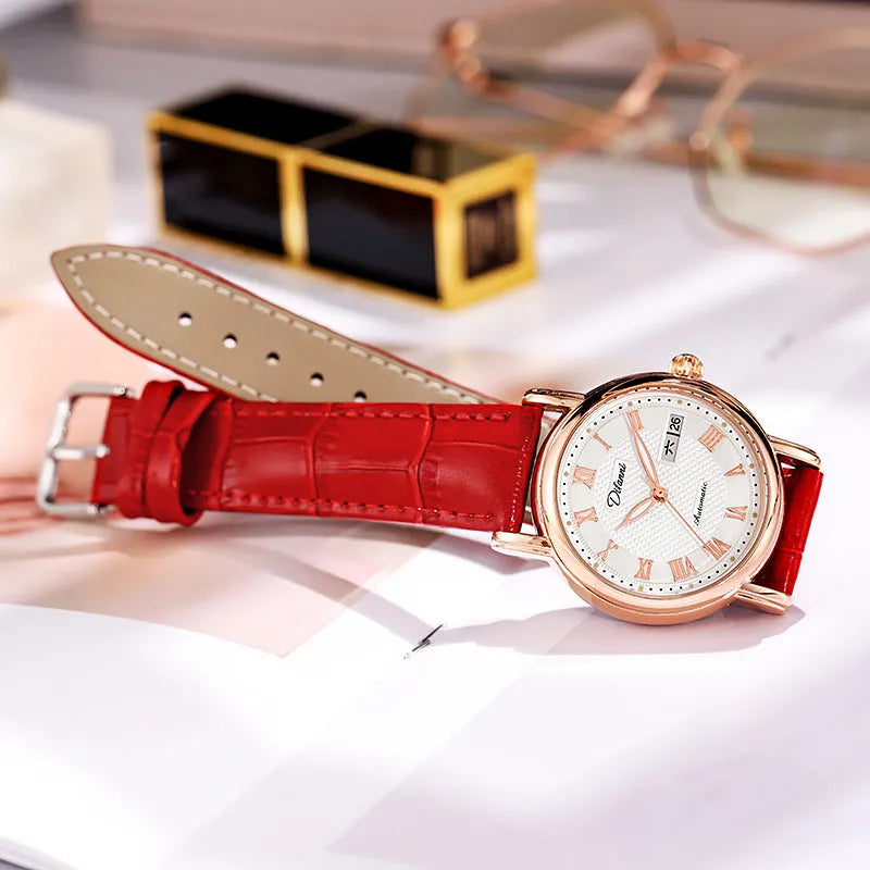 Women's automatic mechanical watch with choice of stainless steel or leather strap, 12mm thickness