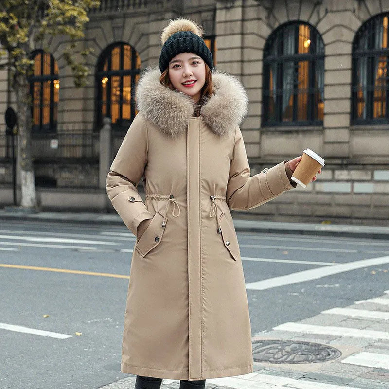 Women's long white cotton-padded trench coat with 100cm length and down cotton filler