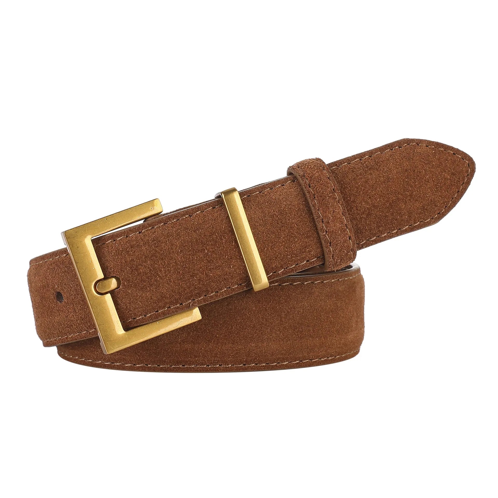 Ladies' black leather belt with alloy pin buckle showing punching texture detail
