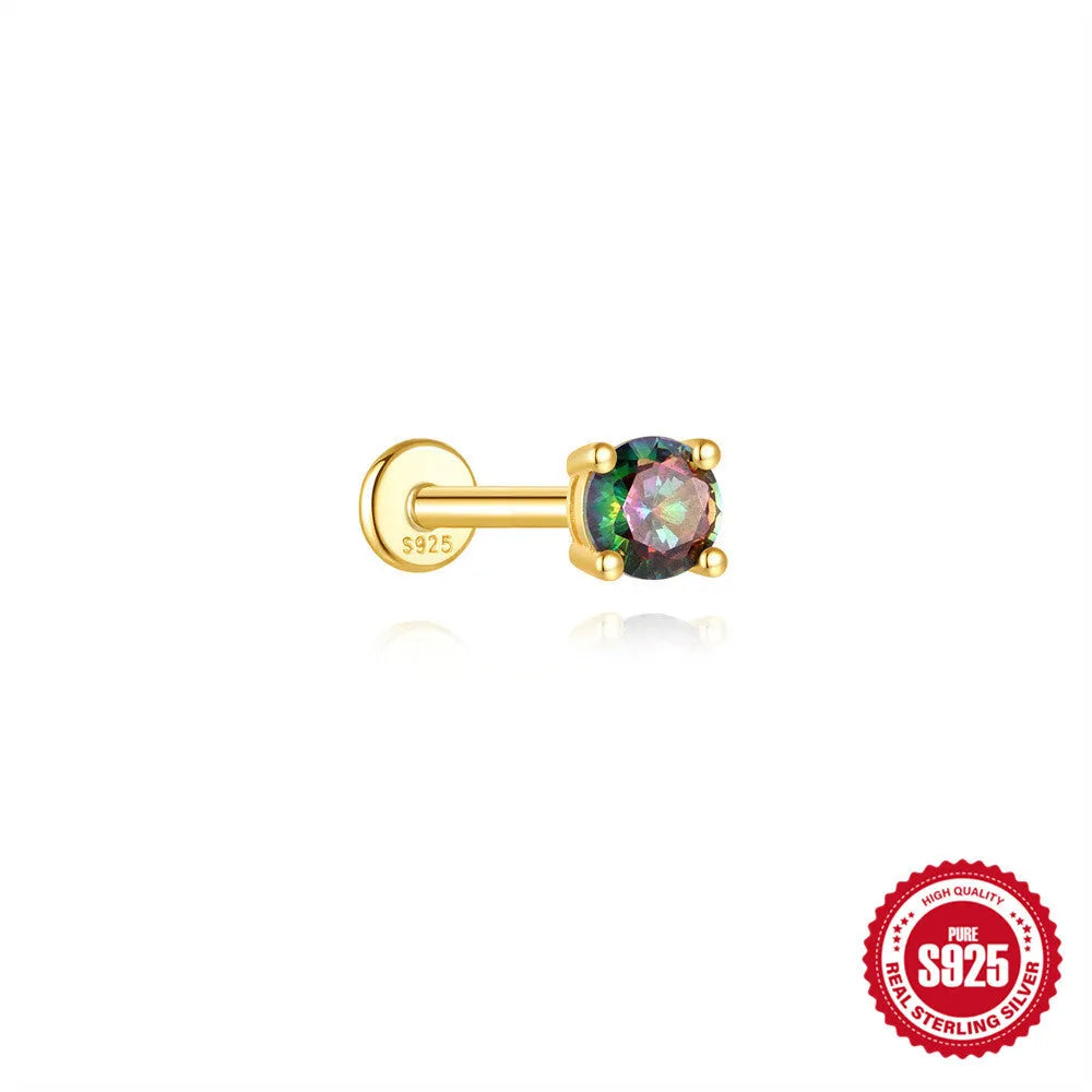 S925 sterling silver flat head thread piercing earring with rainbow stone in geometric design