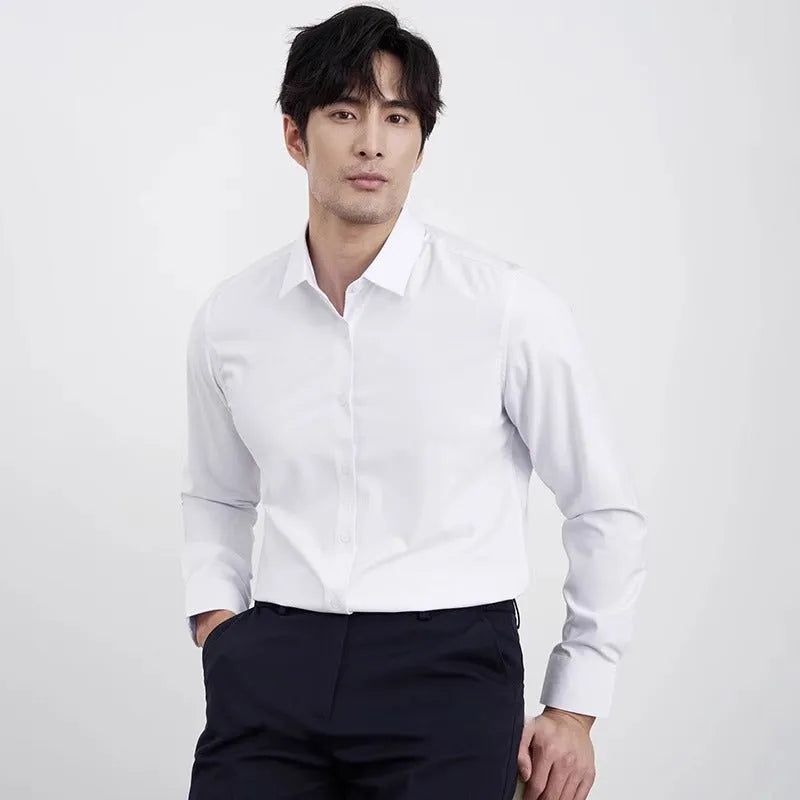 Men's wine red slim fit long sleeve shirt made from non-iron polyester blend fabric.