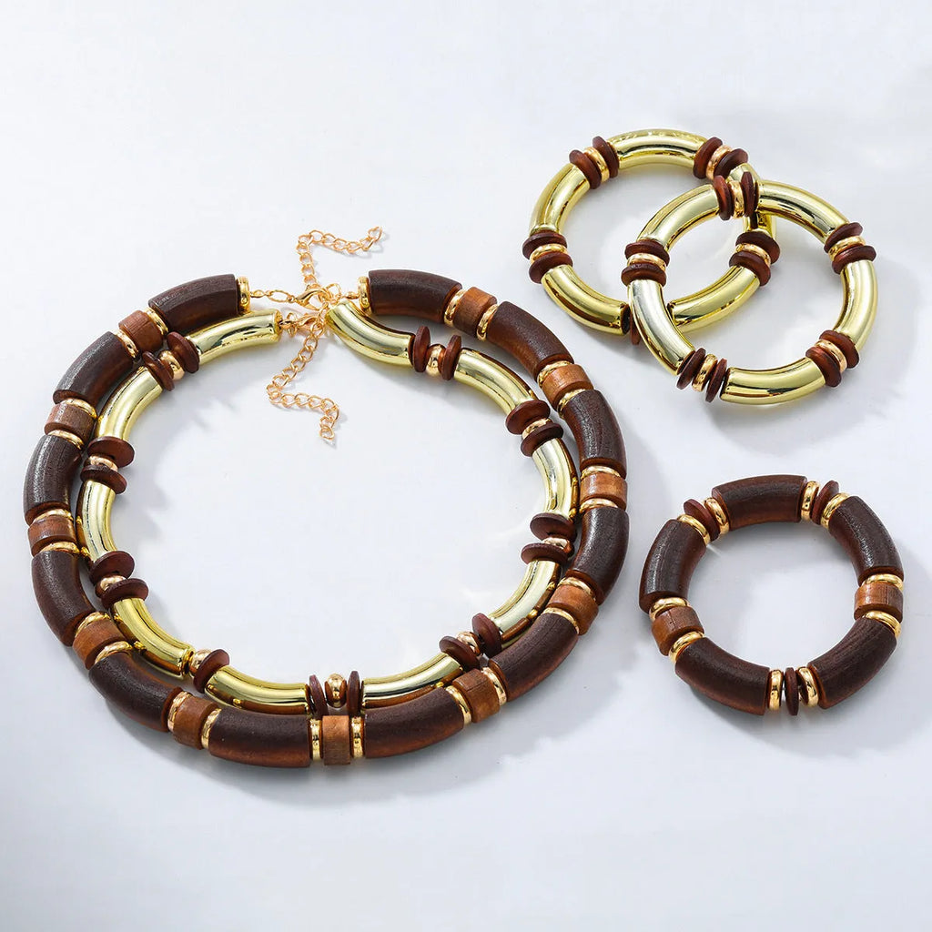 Multi-layer wooden necklace and bracelet set for women with alloy construction