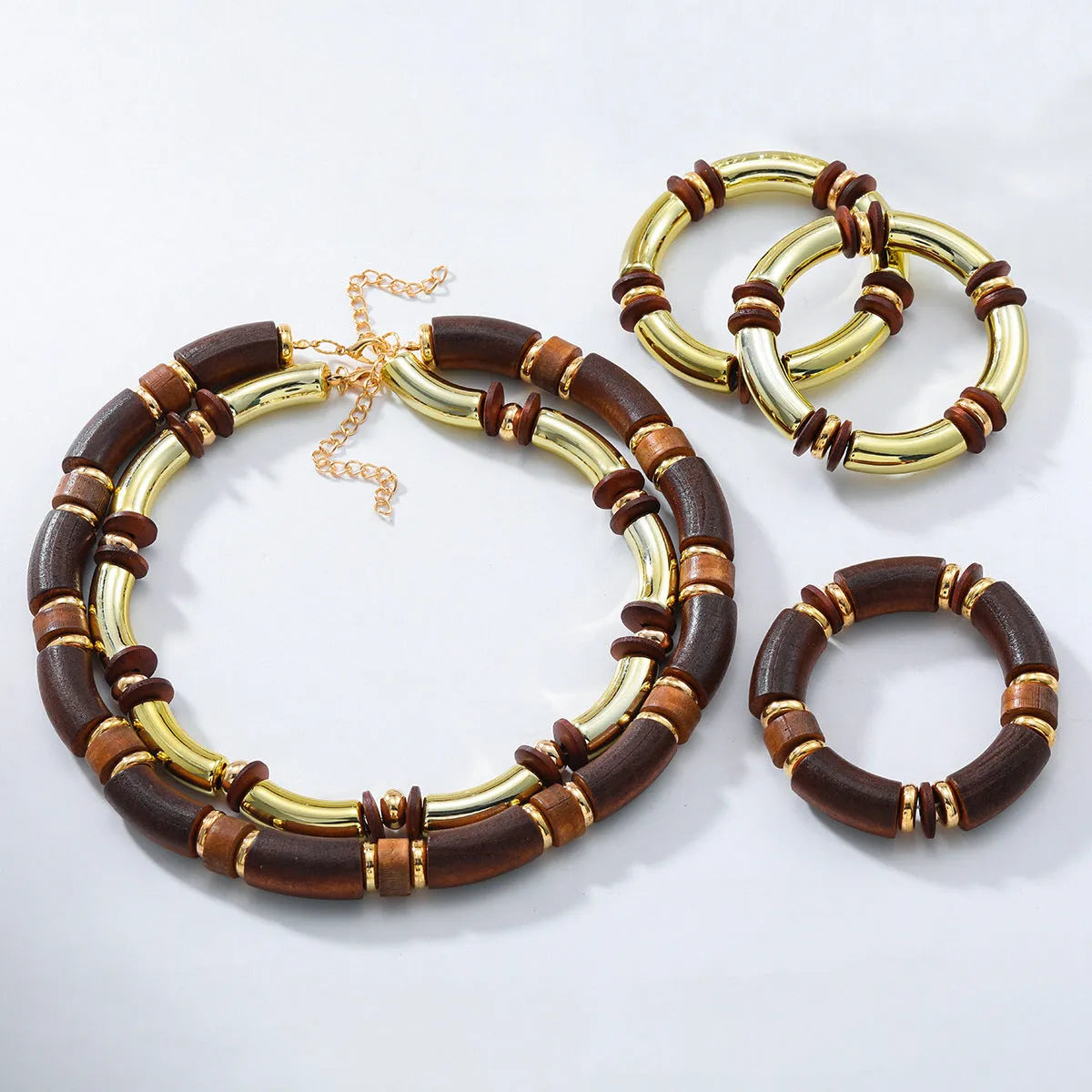 Multi-layer wooden necklace and bracelet set for women with alloy construction