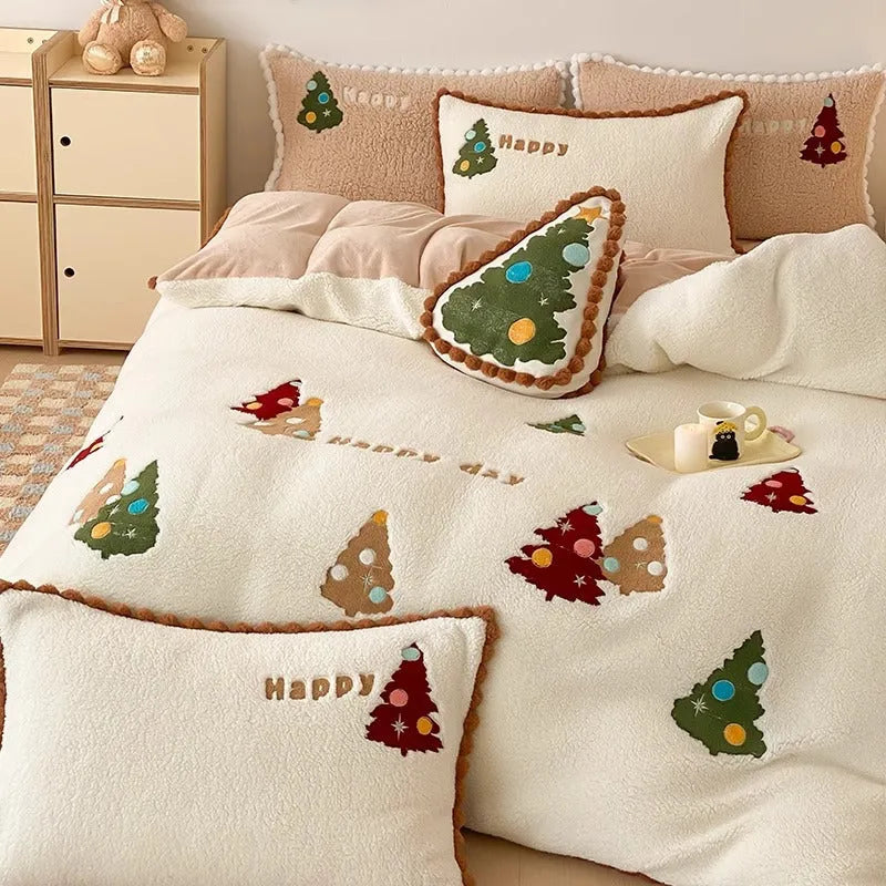 Bright yellow Christmas bedding four-piece set with cartoon animation pattern on milk fibre fabric