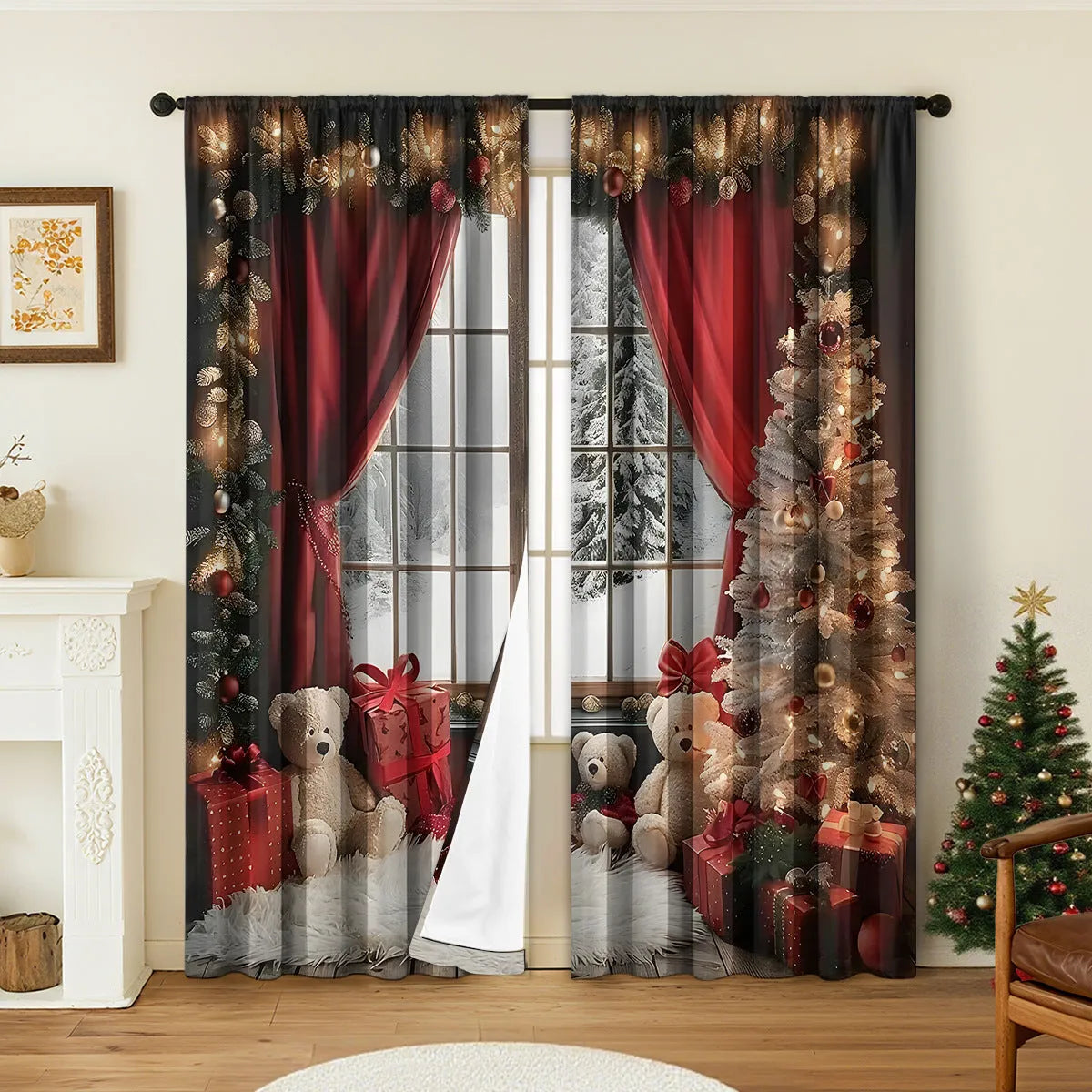 Pair of red and green Christmas theme digitally printed polyester curtains hanging on a window.